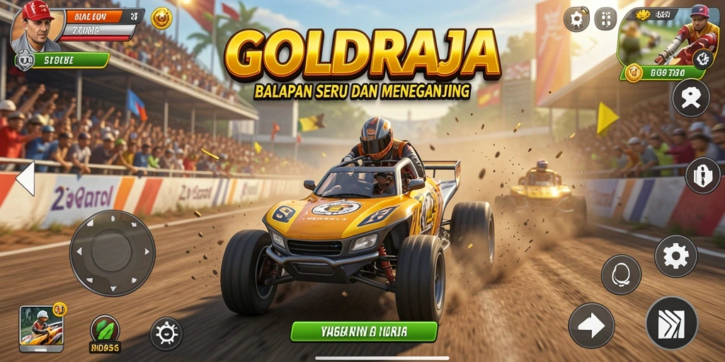 Tampilan gameplay seru di GOLDRAJA dengan mobil balap cepat.