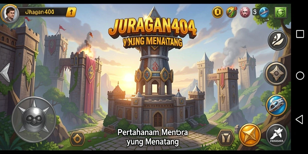 Tampilan gameplay JURAGAN404 dengan menara yang strategis dan musuh yang menyerang.