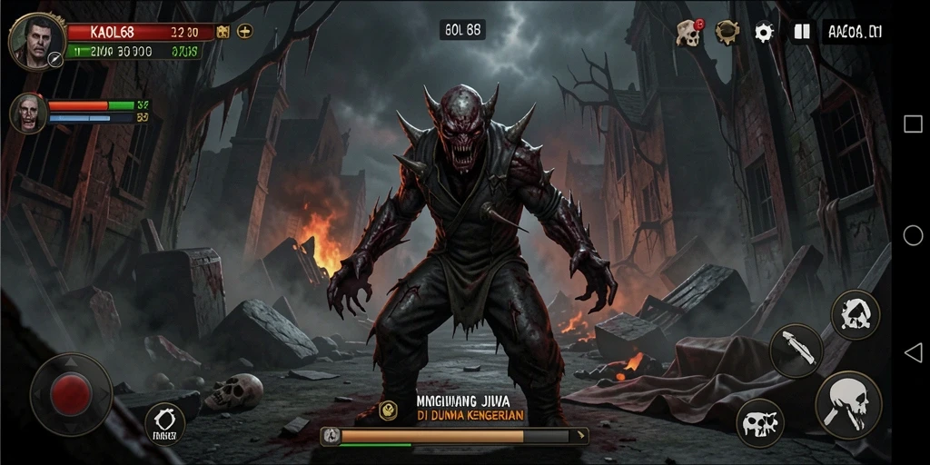Tampilan gameplay KAOL68 dengan suasana yang mencekam dan efek visual menakutkan.