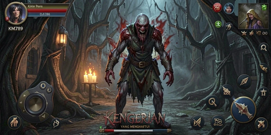 Screenshot gameplay KM789 yang menampilkan suasana horor yang mencekam.