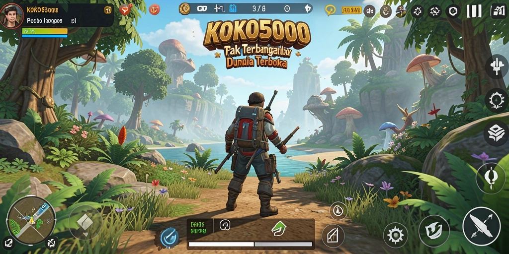 Screenshot gameplay KOKO5000 menampilkan karakter menjelajahi dunia terbuka yang menakjubkan.