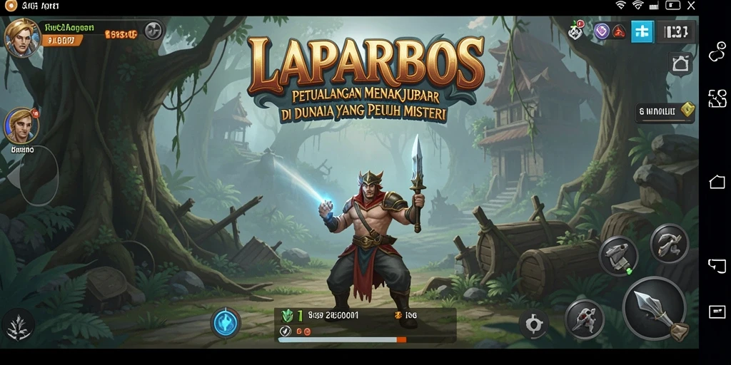 Screenshot utama LAPARBOS menampilkan aksi petualangan mendebarkan dengan latar belakang menakjubkan.