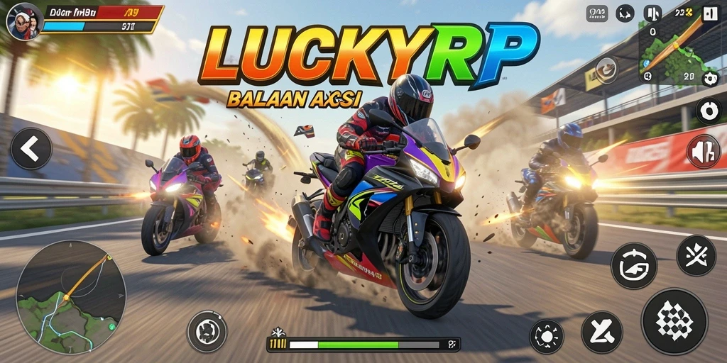 Screenshot gameplay LUCKYRP dengan aksi balapan motor yang mendebarkan.