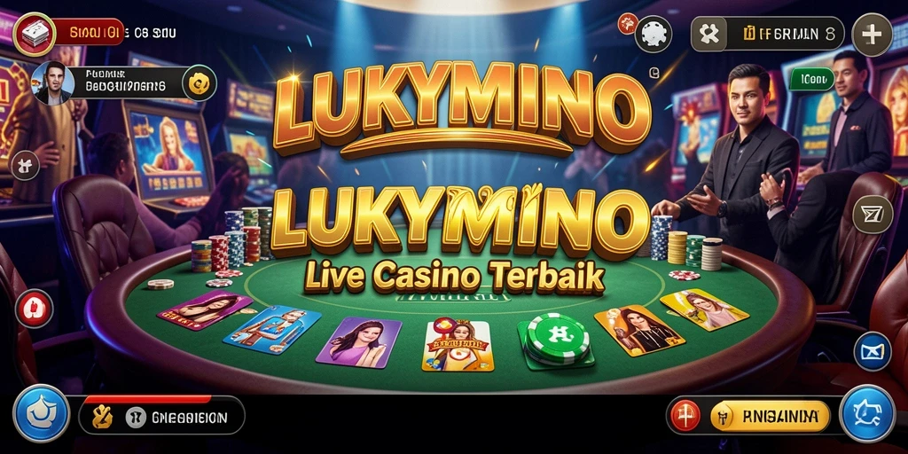 Screenshot gameplay LUKYMINO dengan dealer langsung dan suasana kasino.