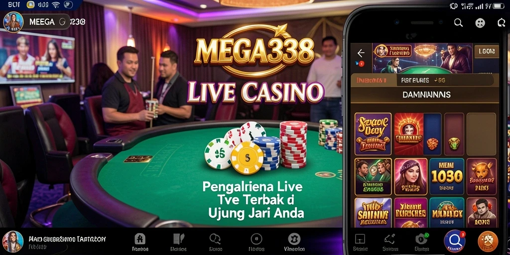 Screenshot utama MEGA338 menampilkan dealer langsung dan gameplay yang dinamis.