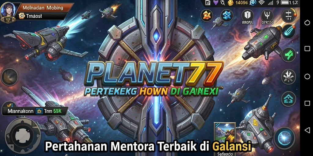 Tampilan gameplay PLANET77 dengan menara dan musuh dalam pertempuran.